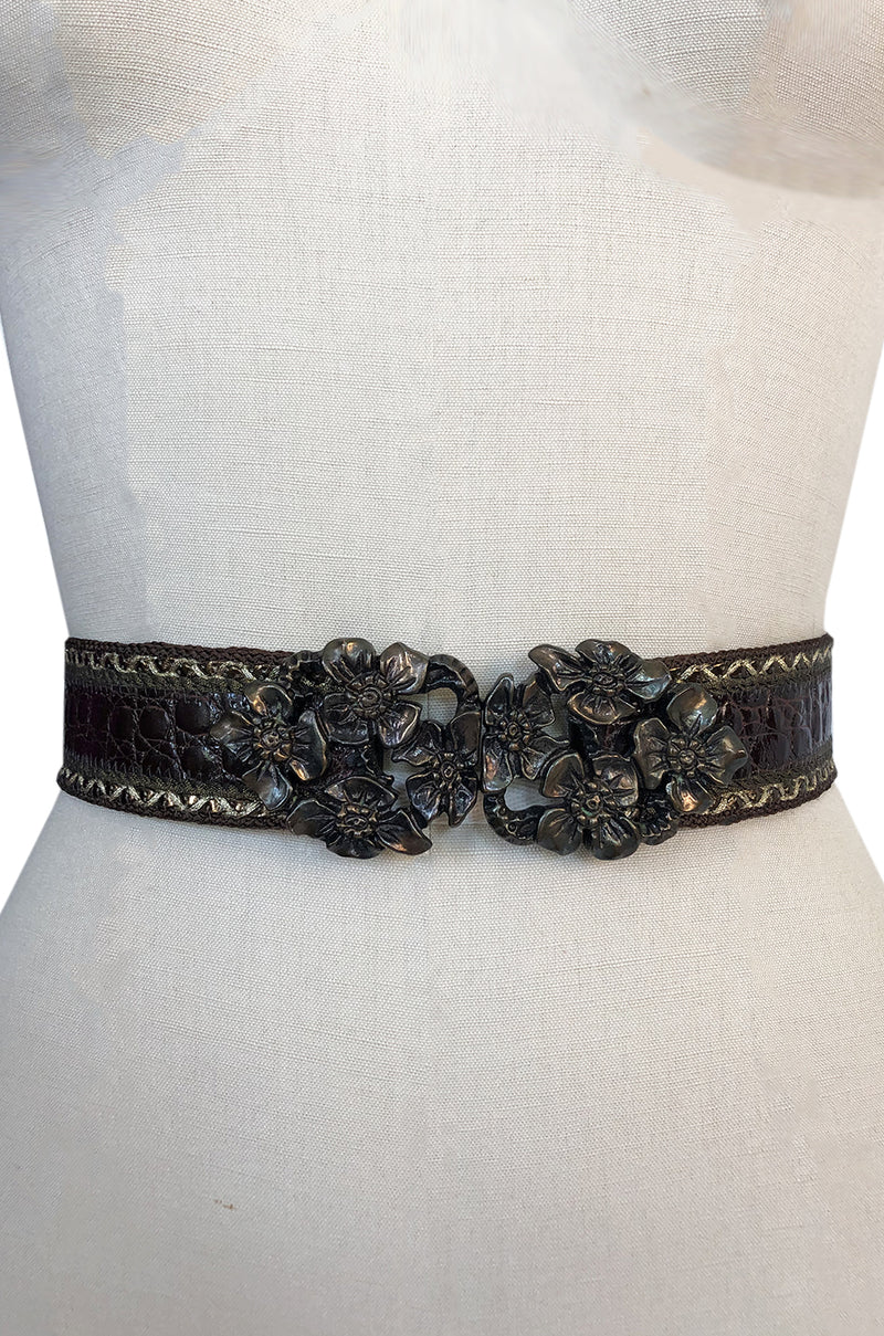 1980s Emanuel Ungaro Alligator and Metal Buckle Brown Leather Belt
