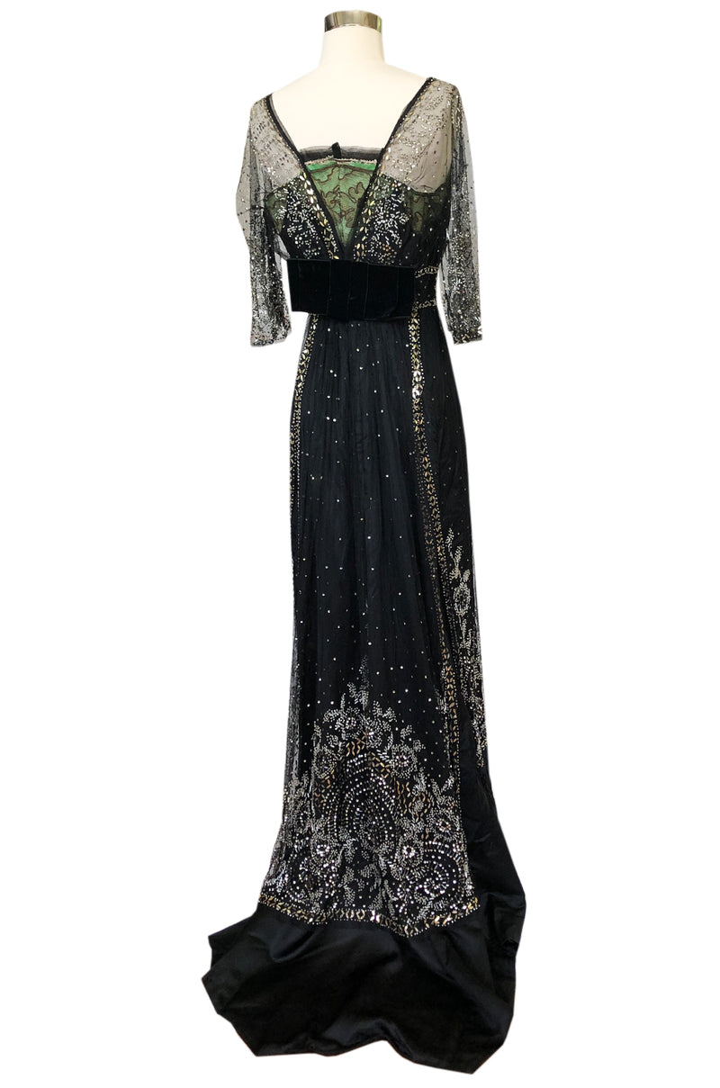c.1910 Toutmain Paris Hand Beaded & Sequin Black Silk & Net Trained Go Shrimpton Couture c.1910 Toutmain Paris Hand Beaded & Sequin Black Silk & Net Trained Go Shrimpton Couture