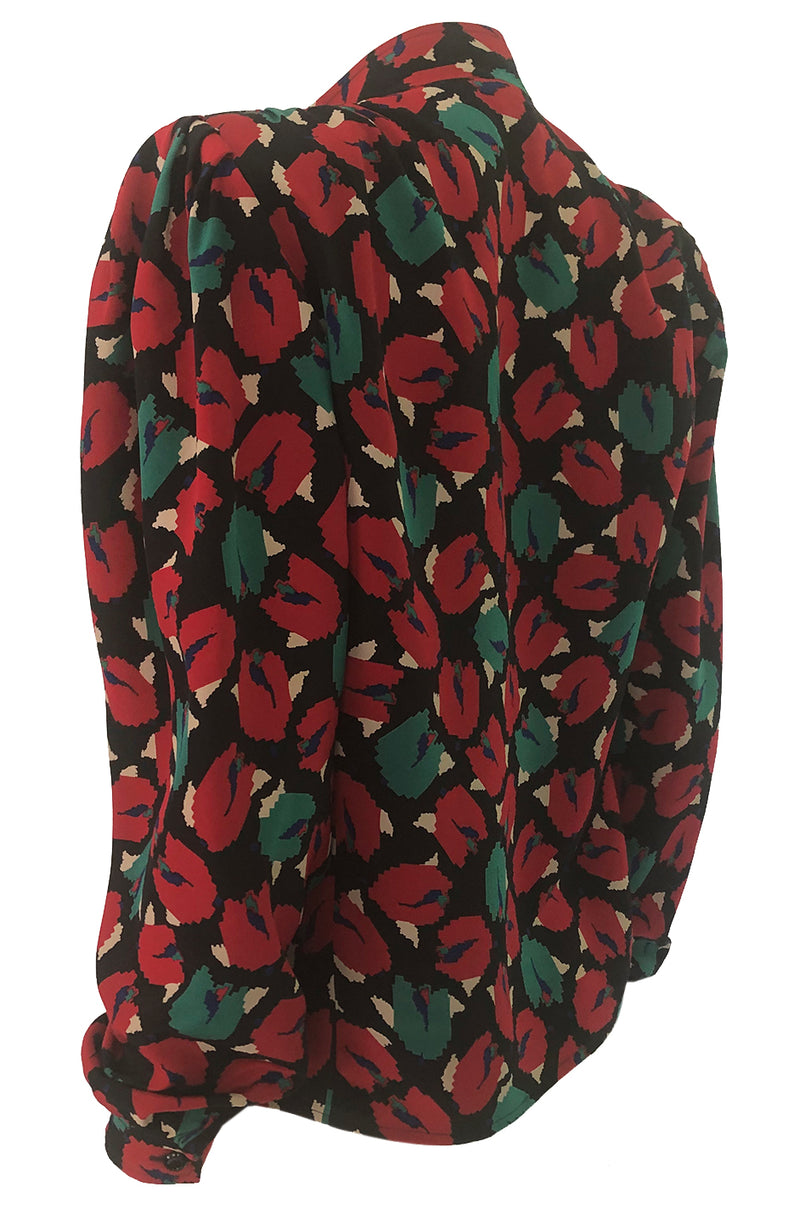 1980s Emanuel Ungaro Bright Red Floral Print Silk Top