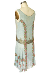 Extraordinary 1920s 3D Pink & Gold Floral Beaded Blue Flapper Dress