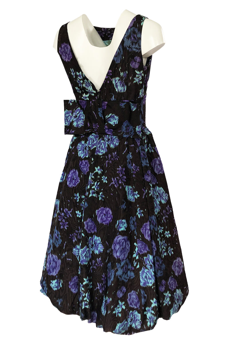 1950s Warped Floral Print Moire Silk Taffeta Bubble Skirt Dress Shrimpton Couture 1950s Warped Floral Print Moire Silk Taffeta Bubble Skirt Dress Shrimpton Couture