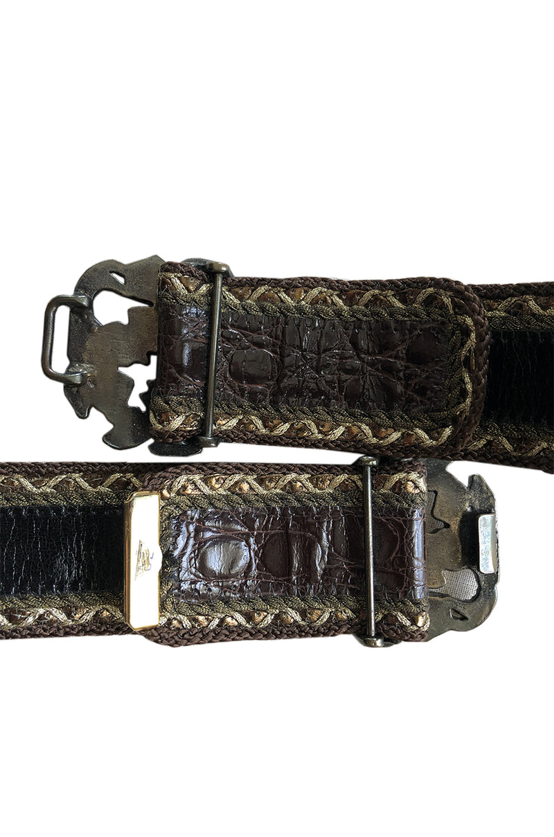 1980s Emanuel Ungaro Alligator and Metal Buckle Brown Leather Belt