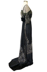 c.1910 Toutmain Paris Hand Beaded & Sequin Black Silk & Net Trained Gown