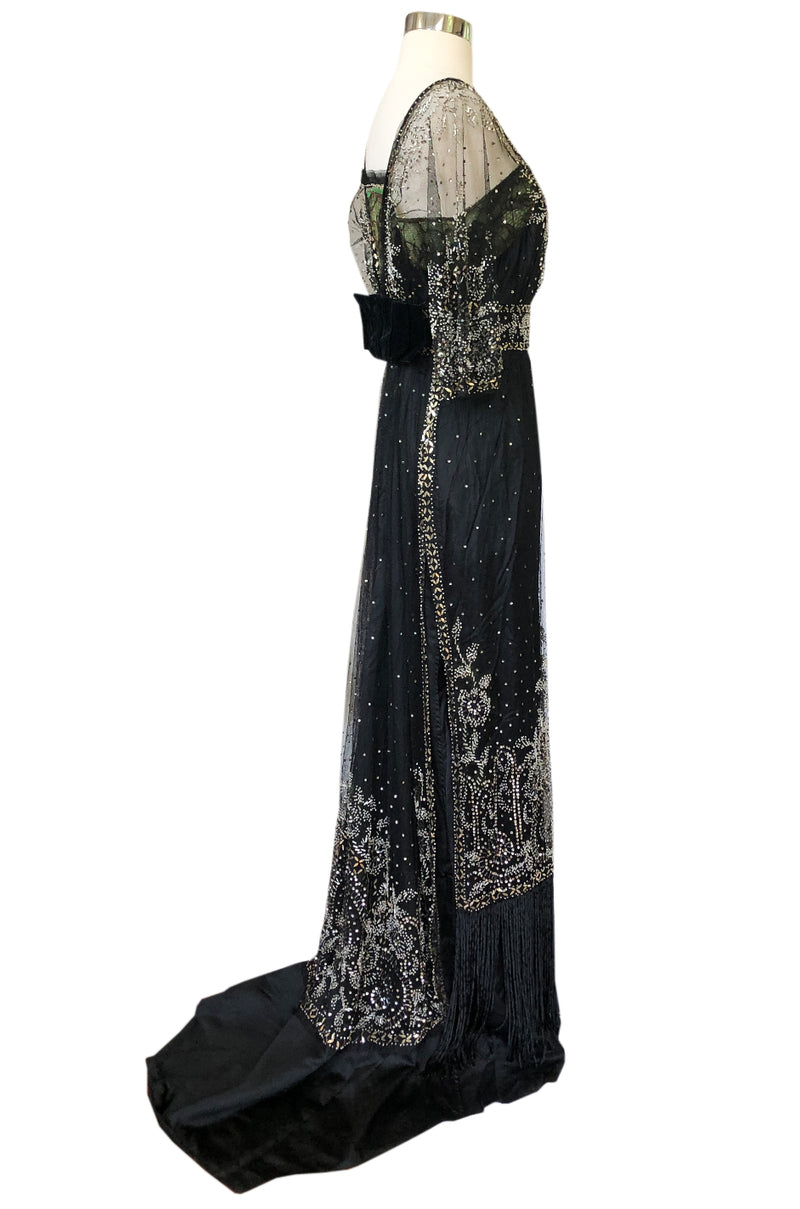 c.1910 Toutmain Paris Hand Beaded & Sequin Black Silk & Net Trained Go Shrimpton Couture c.1910 Toutmain Paris Hand Beaded & Sequin Black Silk & Net Trained Go Shrimpton Couture