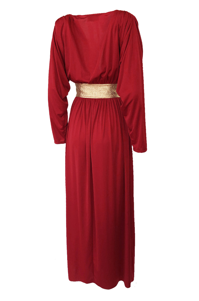 Documented 1980 Bill Tice Plunging Front Red Jersey & Gold Belt Dress Shrimpton Couture Documented 1980 Bill Tice Plunging Front Red Jersey & Gold Belt Dress Shrimpton Couture