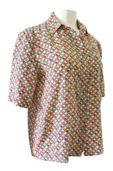 1970s Chloe Silk Geometric Earth Tones Print Short Sleeve Top