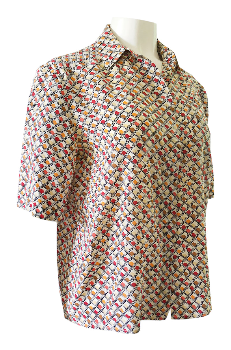 1970s Chloe Silk Geometric Earth Tones Print Short Sleeve Top