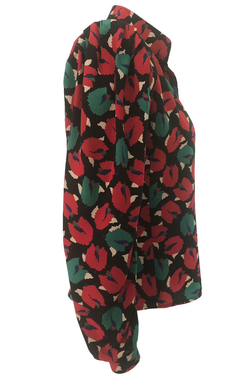 1980s Emanuel Ungaro Bright Red Floral Print Silk Top
