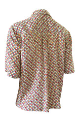1970s Chloe Silk Geometric Earth Tones Print Short Sleeve Top