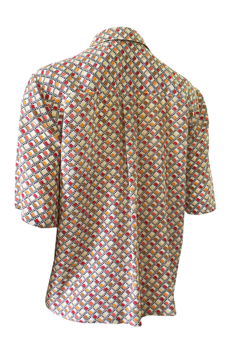 1970s Chloe Silk Geometric Earth Tones Print Short Sleeve Top