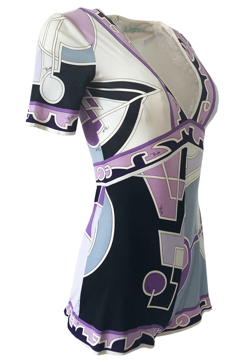 1970s Emilio Pucci Pale Purple Print Silk Jersey One Piece Playsuit