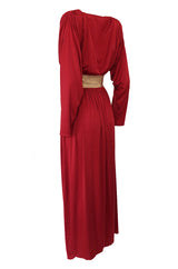 Documented 1980 Bill Tice Plunging Front Red Jersey & Gold Belt Dress