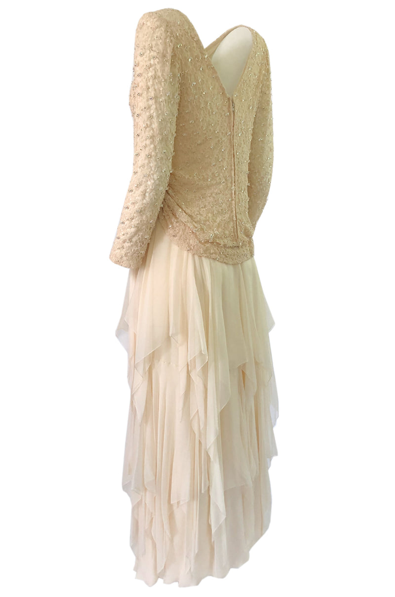 1970s Stavropoulos Cream Beaded Lace & Silk Chiffon Ivory Dress