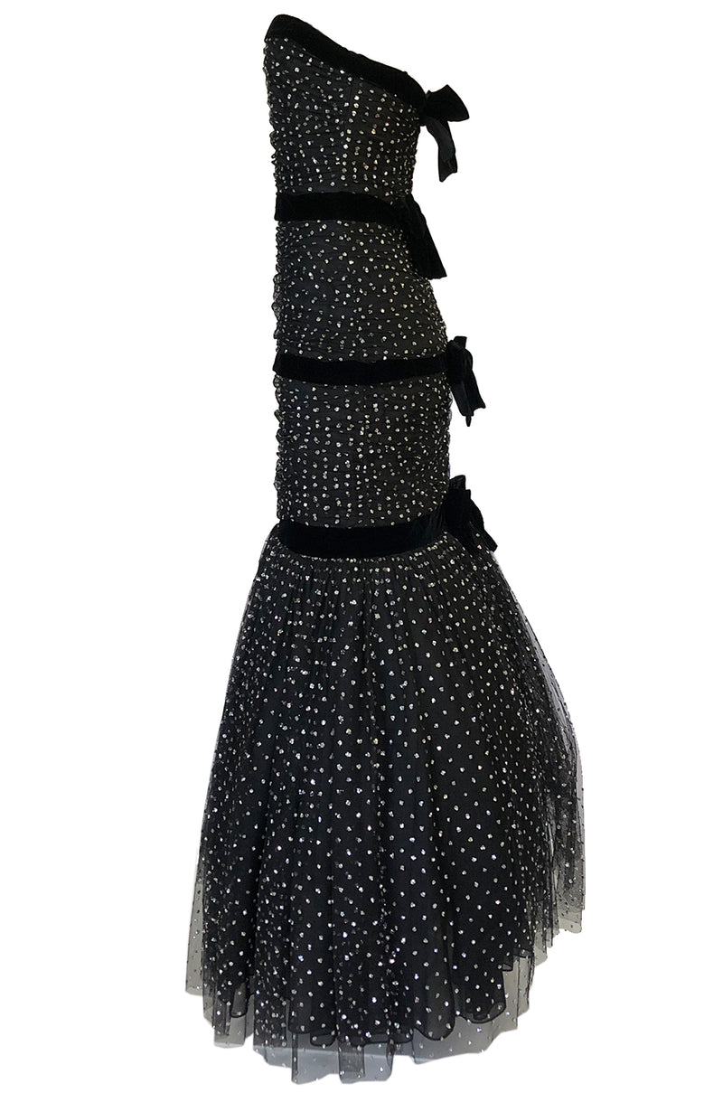 Late 1980s Oscar de la Renta Silver Glitter on Net Dress w Velvet Bows