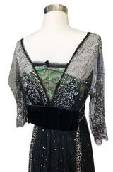 c.1910 Toutmain Paris Hand Beaded & Sequin Black Silk & Net Trained Gown