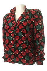 1980s Emanuel Ungaro Bright Red Floral Print Silk Top