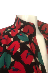 1980s Emanuel Ungaro Bright Red Floral Print Silk Top
