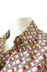1970s Chloe Silk Geometric Earth Tones Print Short Sleeve Top
