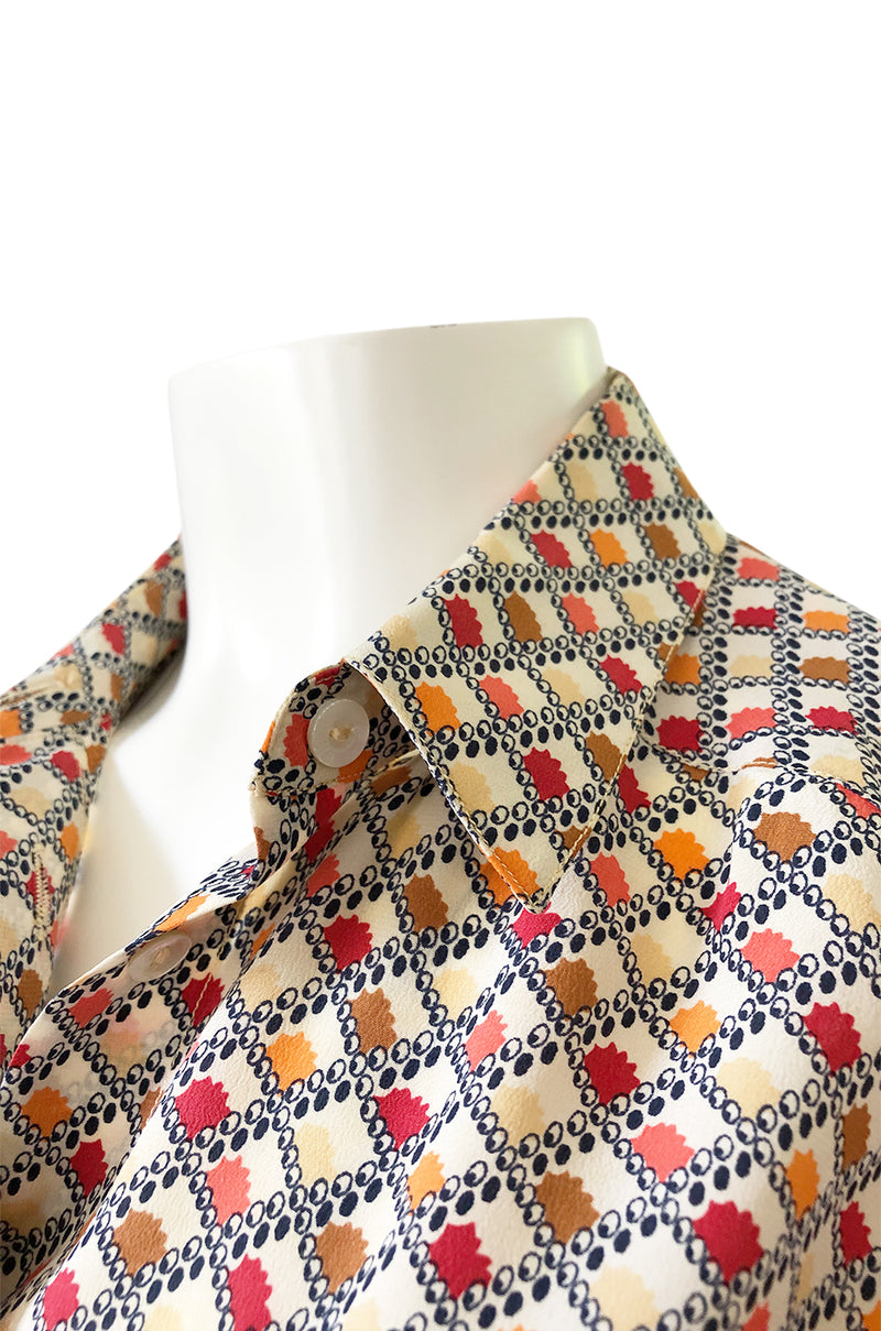 1970s Chloe Silk Geometric Earth Tones Print Short Sleeve Top