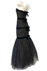 Late 1980s Oscar de la Renta Silver Glitter on Net Dress w Velvet Bows