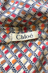 1970s Chloe Silk Geometric Earth Tones Print Short Sleeve Top