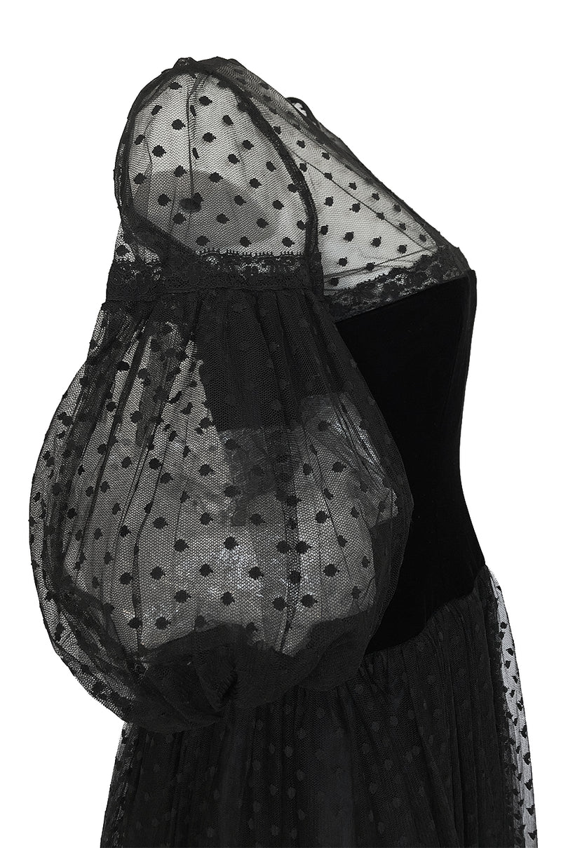 1970s Victor Costa Black Full Skirted Dotted Net & Velvet Bow Dress