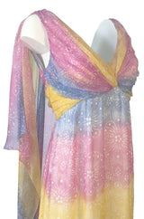 1990s Christian Dior Pastel Rainbow Silk Chiffon Caped Back Goddess Dress