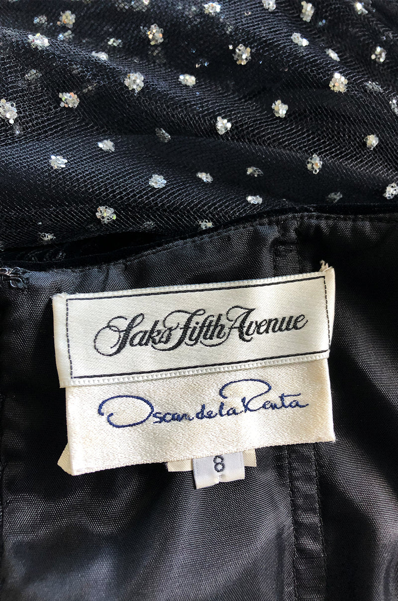 Late 1980s Oscar de la Renta Silver Glitter on Net Dress w Velvet Bows