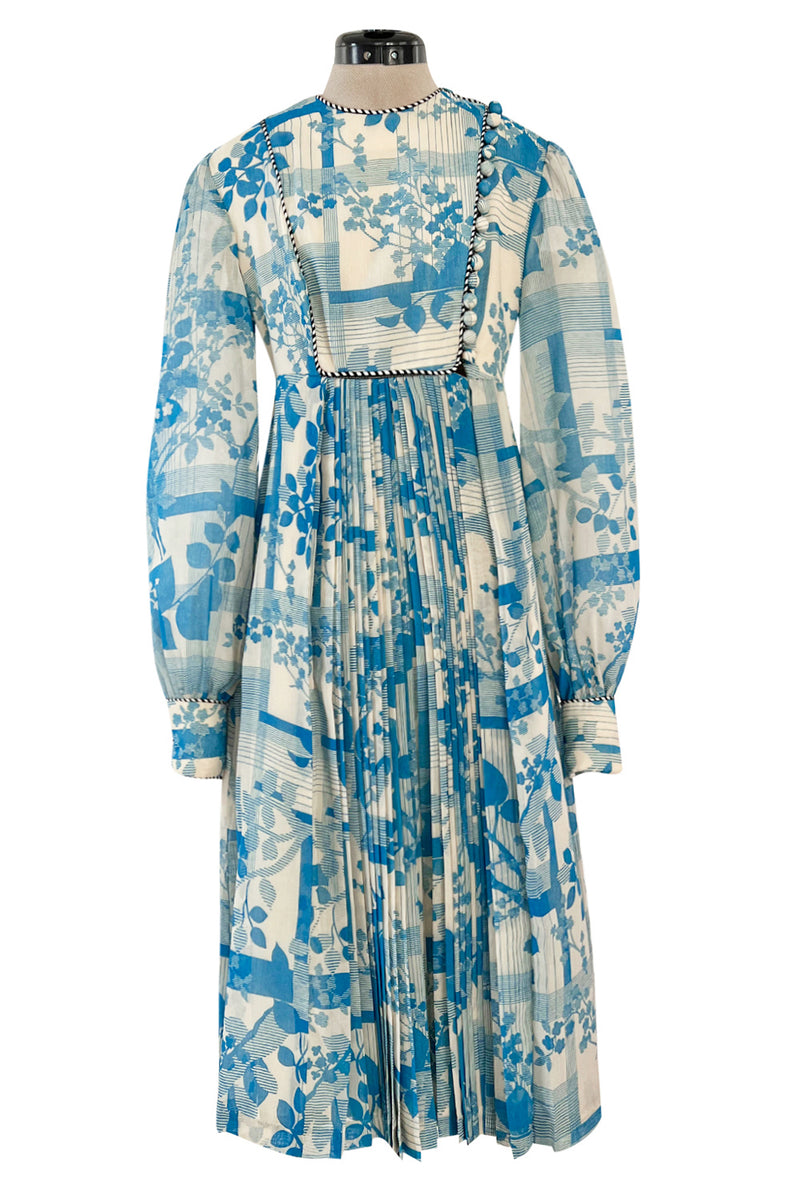 Prettiest 1960s Jean Varon Blue Floral Print Dress w Elaborate Pleatin Shrimpton Couture Prettiest 1960s Jean Varon Blue Floral Print Dress w Elaborate Pleatin Shrimpton Couture