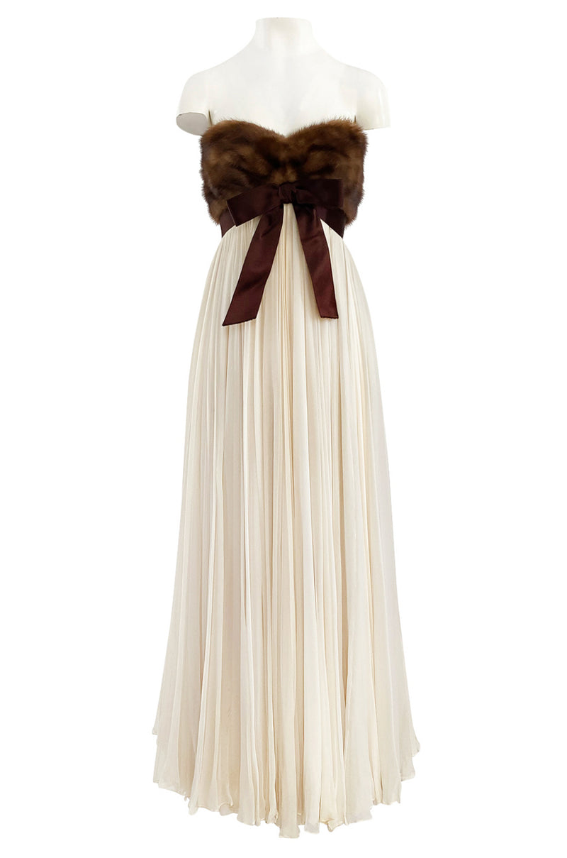 Documented 1963-64 Sarmi Ivory Silk Chiffon Dress w Strapless Natural Mink Bodice & Chocolate Silk Bow