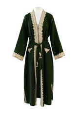 Wonderful 1920s Antique Hand Embroidered Crewel Deep Forest Green Wrap Robe or Coat