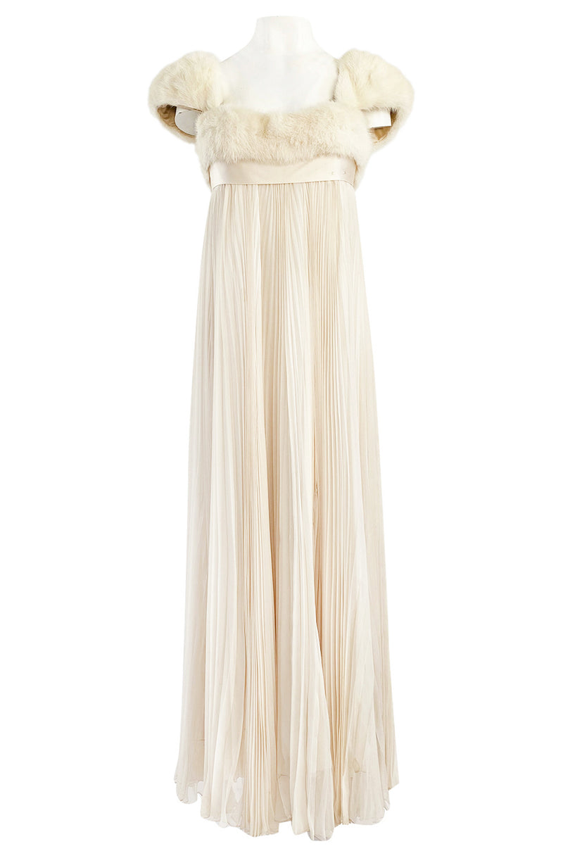 1964 Sarmi Ivory Knife Pleated Silk Chiffon Dress w Cream Mink Bodice Shrimpton Couture 1964 Sarmi Ivory Knife Pleated Silk Chiffon Dress w Cream Mink Bodice Shrimpton Couture