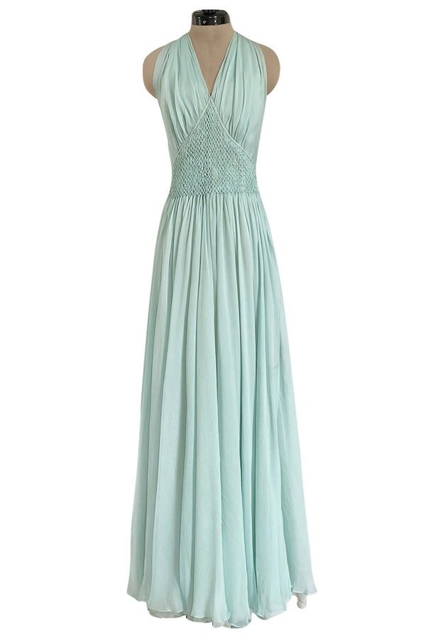 Spring 1976 Chanel Haute Couture Pale Turquoise Silk Chiffon Dress w PinTuck Gathered Front