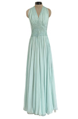 Spring 1976 Chanel Haute Couture Pale Turquoise Silk Chiffon Dress w PinTuck Gathered Front