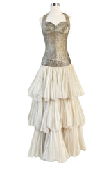 Rare Late 1920s Early 1930s Howard Greer Silver Beaded Halter Dress w Silk Tulle Net Tiered Skirt