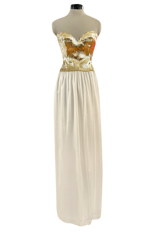 Glamorous 1976 Loris Azzaro Couture Strapless Metallic Gold Sequin & Silk Satin Dress