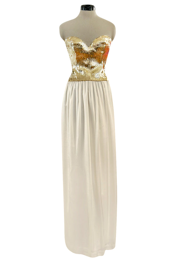 Glamorous 1976 Loris Azzaro Couture Strapless Metallic Gold Sequin & Silk Satin Dress