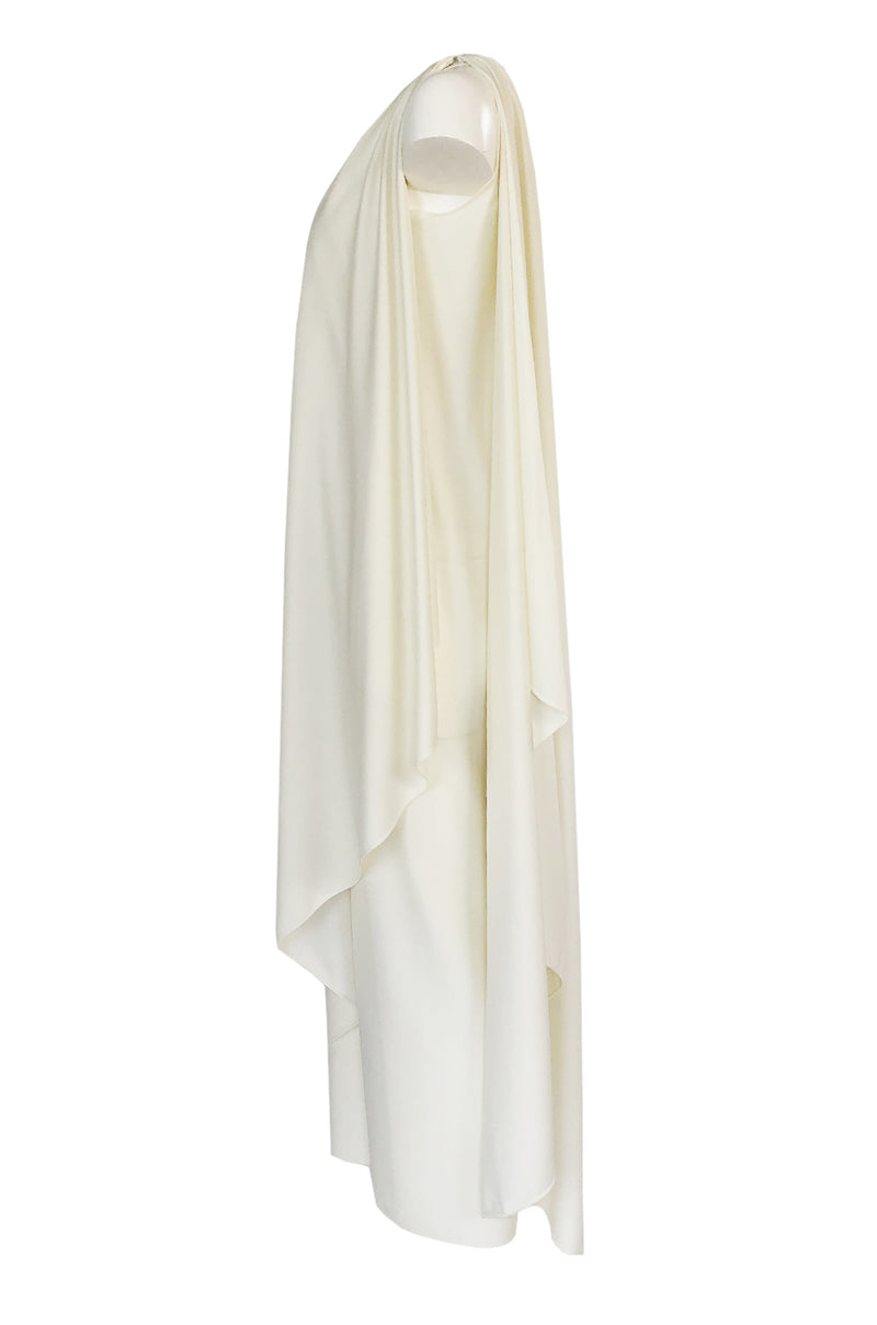 c.1978 Halston One Shoulder Draped Ivory Jersey Full Length Maxi Dress