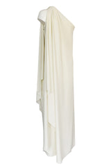 c.1978 Halston One Shoulder Draped Ivory Jersey Full Length Maxi Dress
