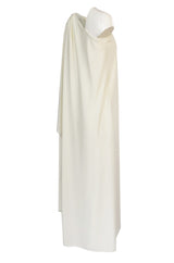 c.1978 Halston One Shoulder Draped Ivory Jersey Full Length Maxi Dress