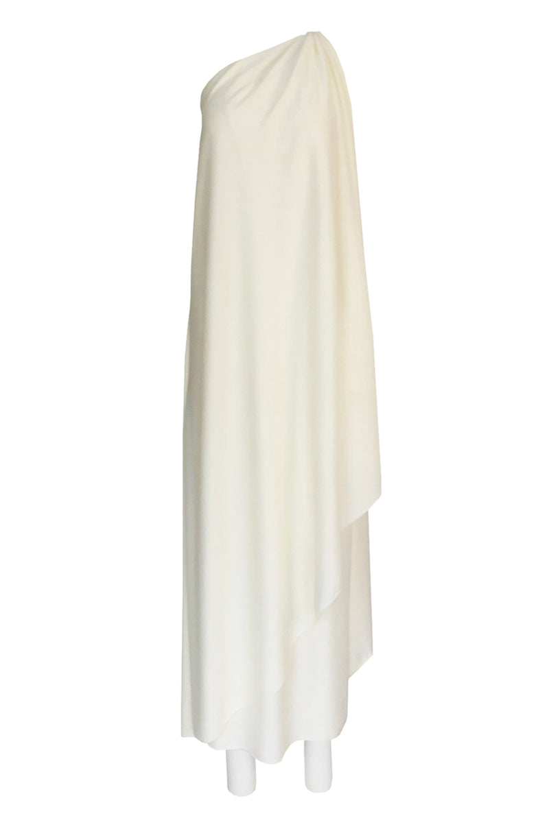 c.1978 Halston One Shoulder Draped Ivory Jersey Full Length Maxi Dress