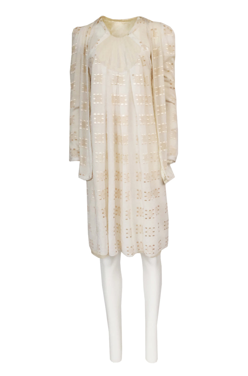 c.1971 Bill Gibb Embroidered Ivory Cotton Gauze Dress & Jacket Set