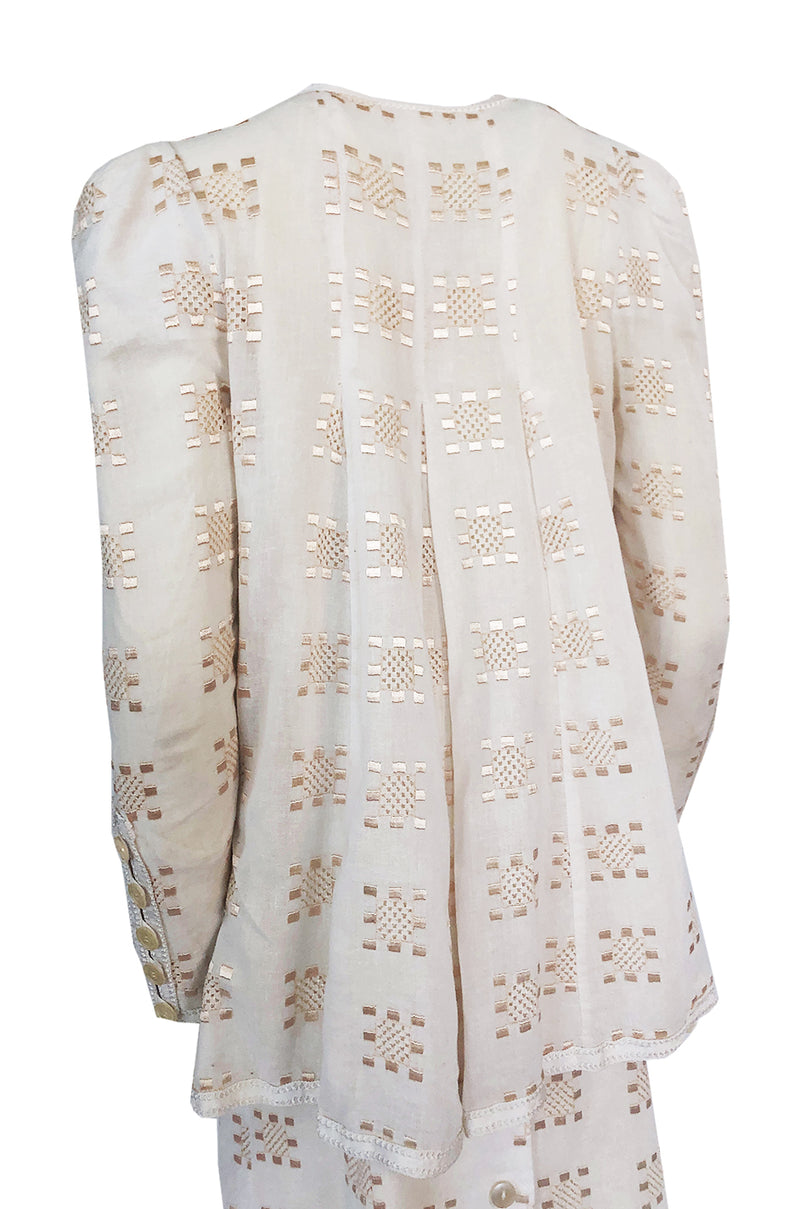 c.1971 Bill Gibb Embroidered Ivory Cotton Gauze Dress & Jacket Set