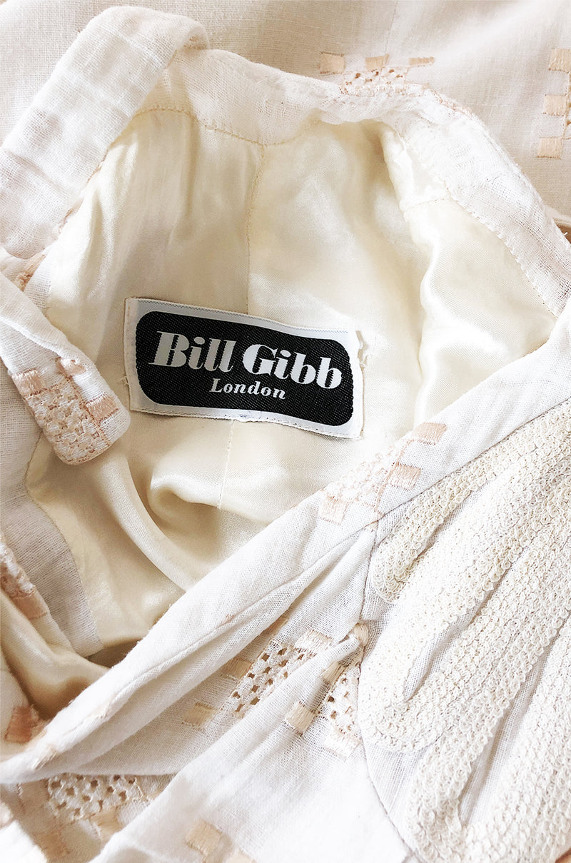 c.1971 Bill Gibb Embroidered Ivory Cotton Gauze Dress & Jacket Set