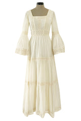 Romantic 1970s Victor Costa Mexican Wedding Dress Feel Ivory Cotton Gauze & Lace  Dress