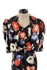 Beautiful 1930s Bias Cut Heavy Silk Satin Floral Print Dress w Scalloped Edged Jacket