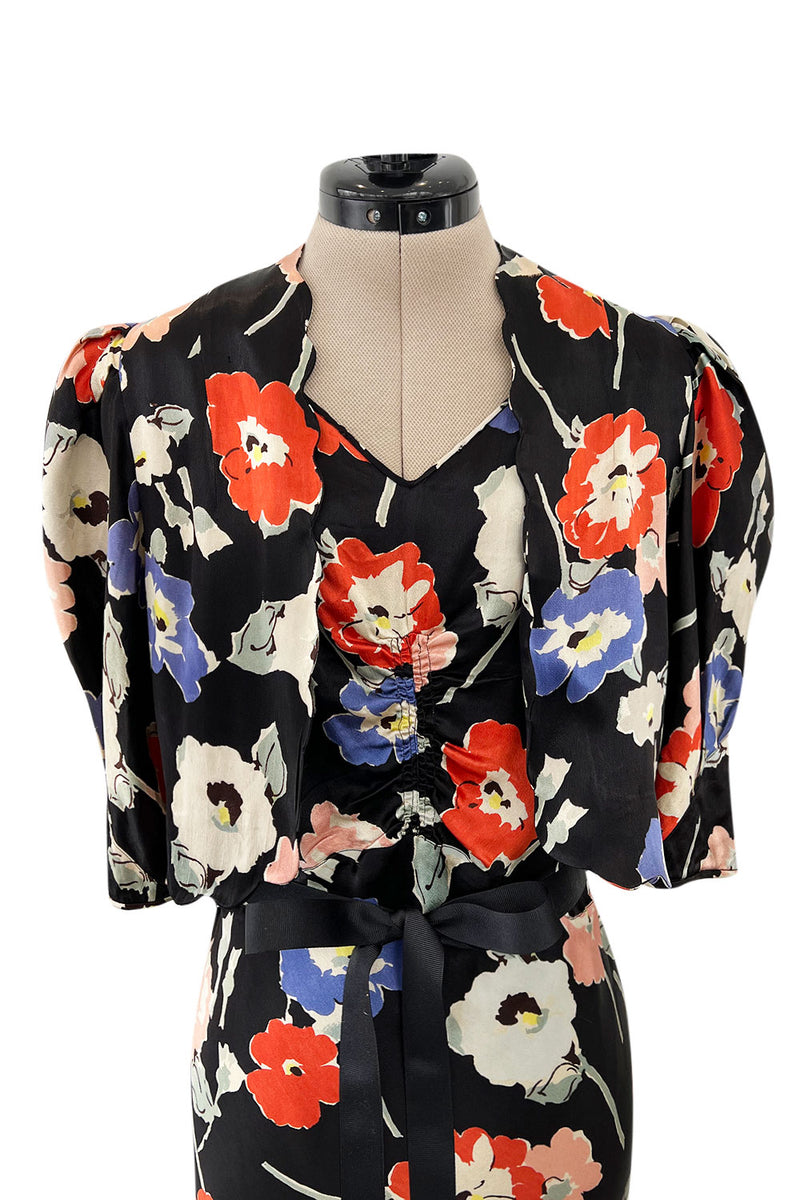 Beautiful 1930s Bias Cut Heavy Silk Satin Floral Print Dress w Scalloped Edged Jacket
