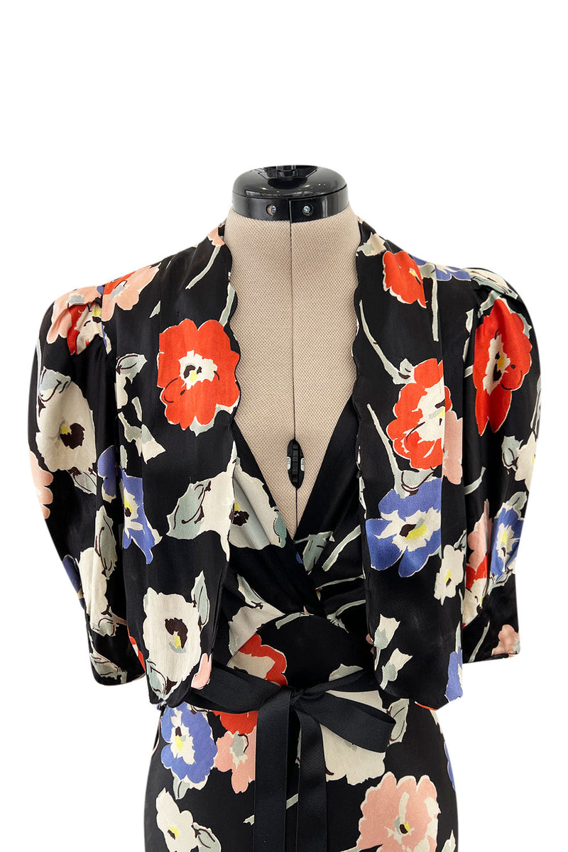 Beautiful 1930s Bias Cut Heavy Silk Satin Floral Print Dress w Scalloped Edged Jacket