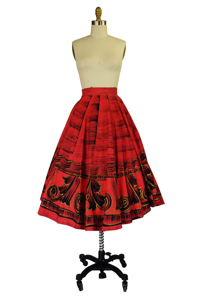 1950s Red & Gold Painted Mexican Skirt