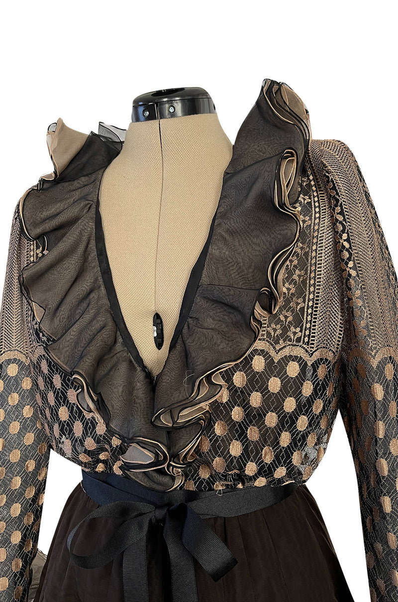 Incredible 1980s Unlabeled Haute Couture Silk Net & Brown Silk Taffeta Plunge Front Dress